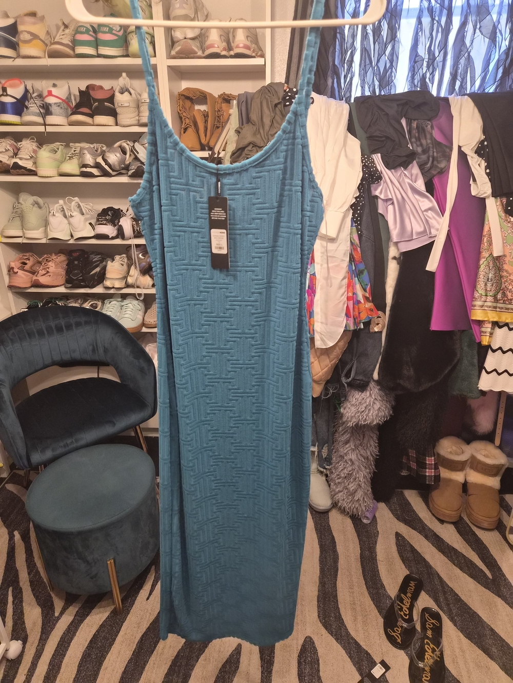 Fashion Nova Teal Textured Midi Slip Dress